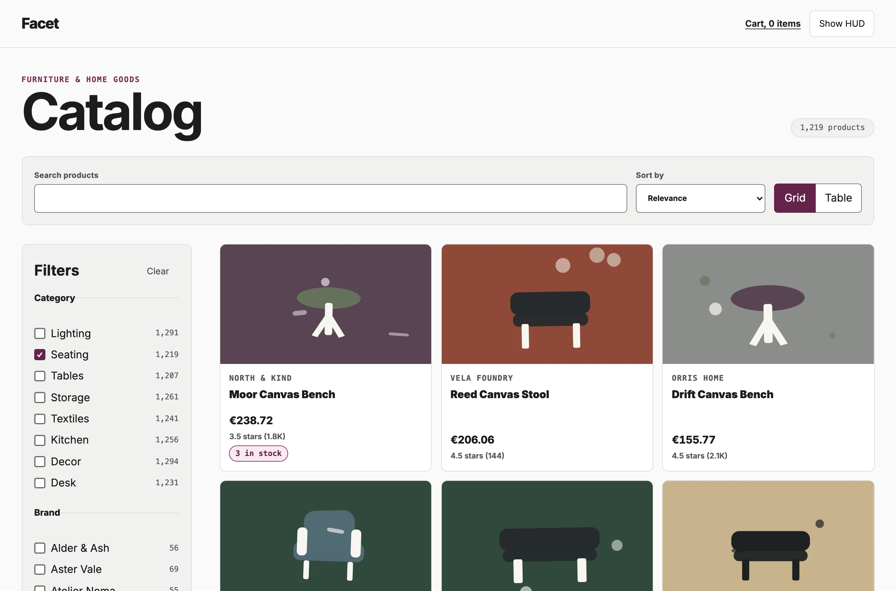 Facet's catalog filtered to Seating, with live counts in the filter sidebar beside a grid of product cards with generated artwork.