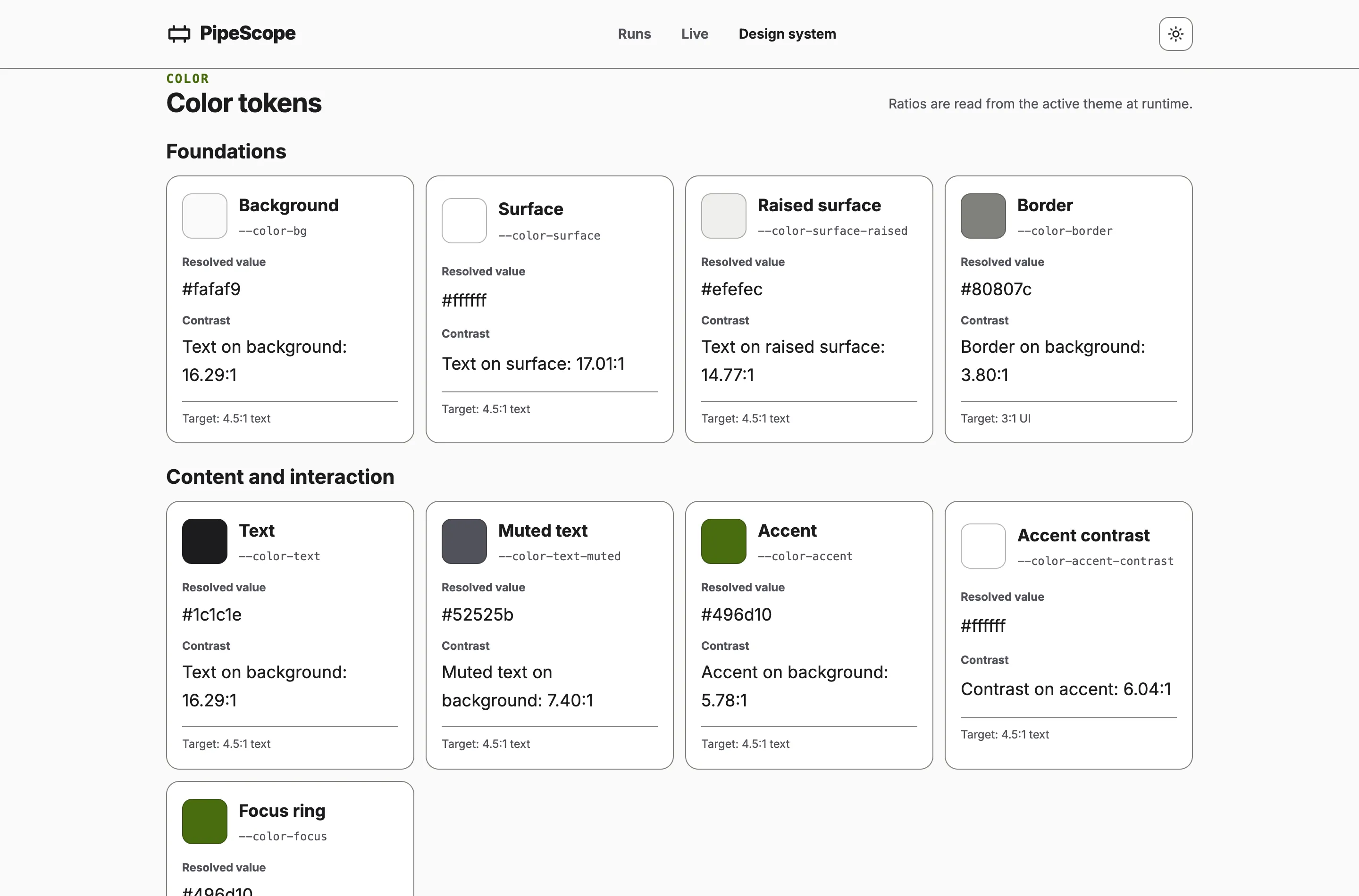 The design system's colour token cards, each showing a CSS variable, its resolved hex value and a contrast ratio measured at runtime.
