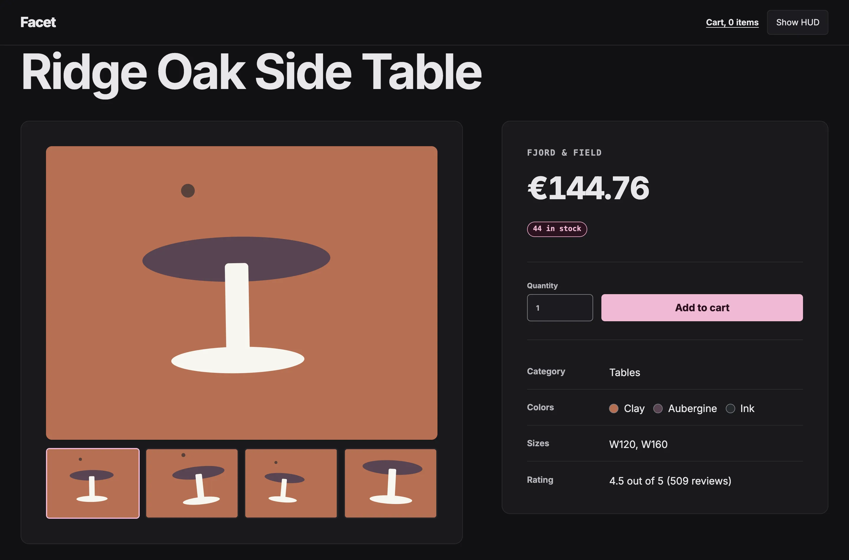 A product detail page in dark theme, with a large generated hero image beside price, stock badge, colour and size options.