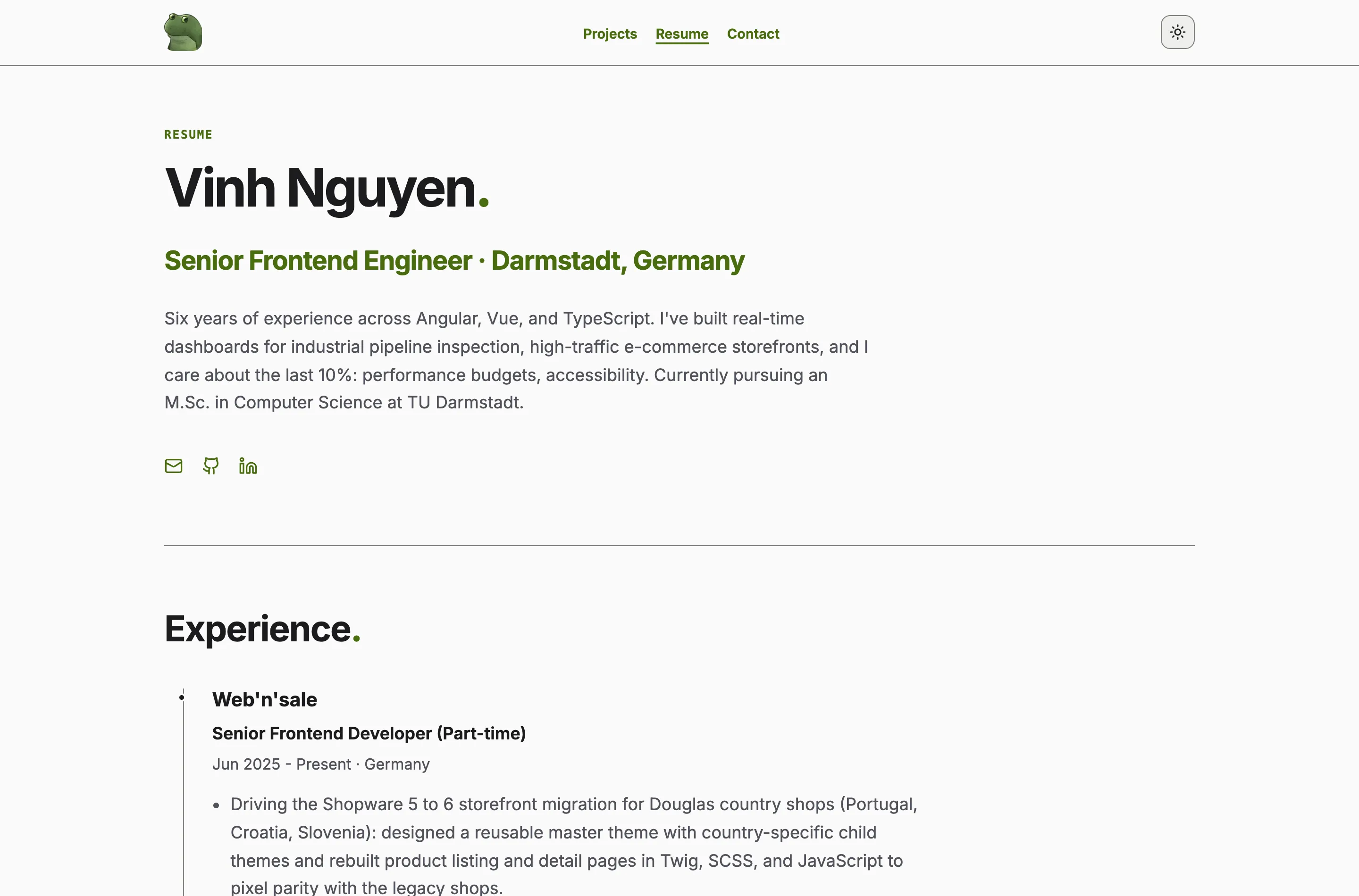 The resume page in light theme, with name, role and summary above an experience timeline.