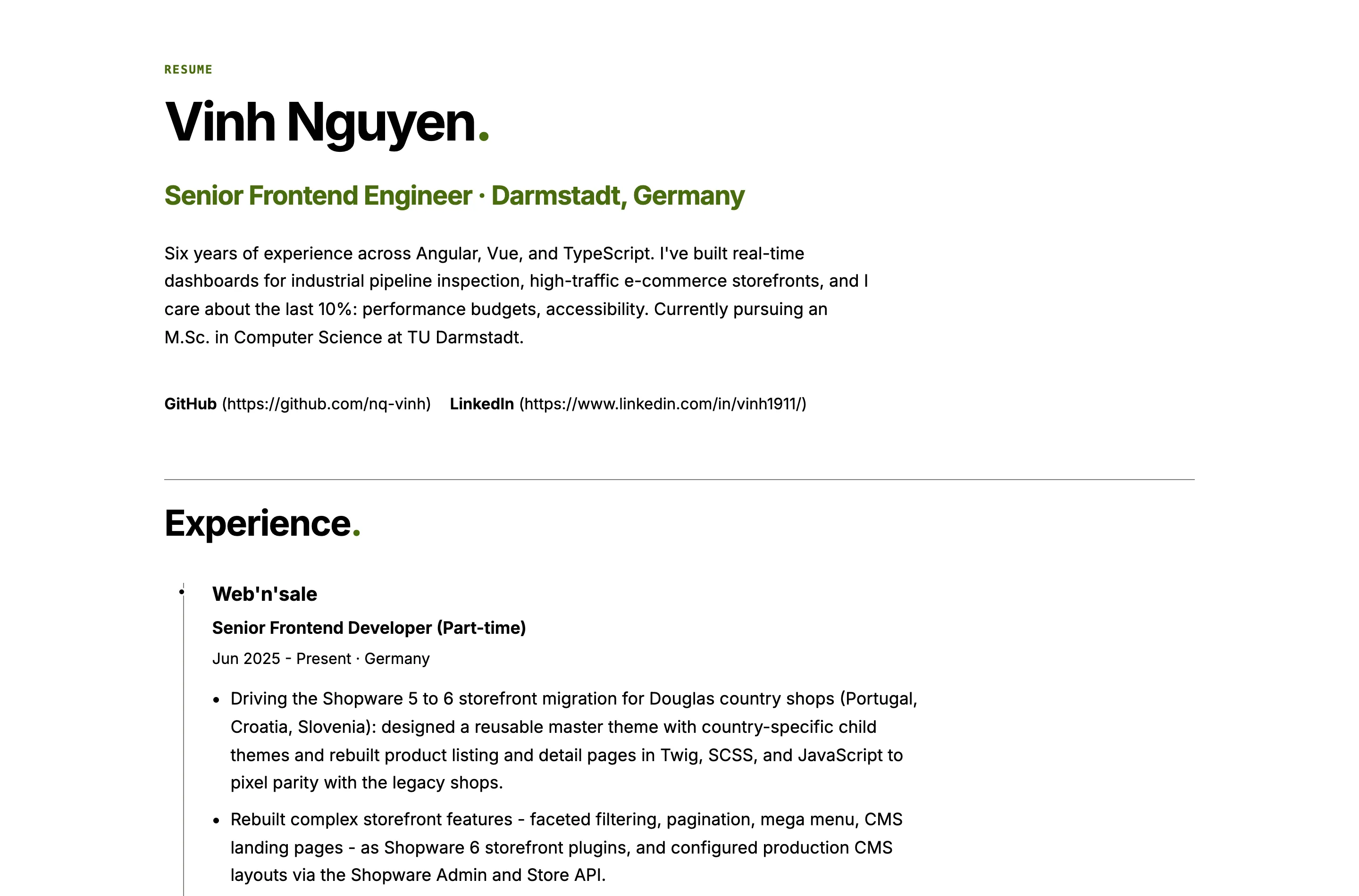 The same resume page under print media, with navigation gone and social icons replaced by spelled-out URLs.